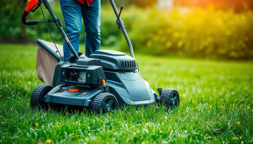 Image of a self-propelled lawn mower on wet grass Image of a self-propelled lawn mower on wet grass