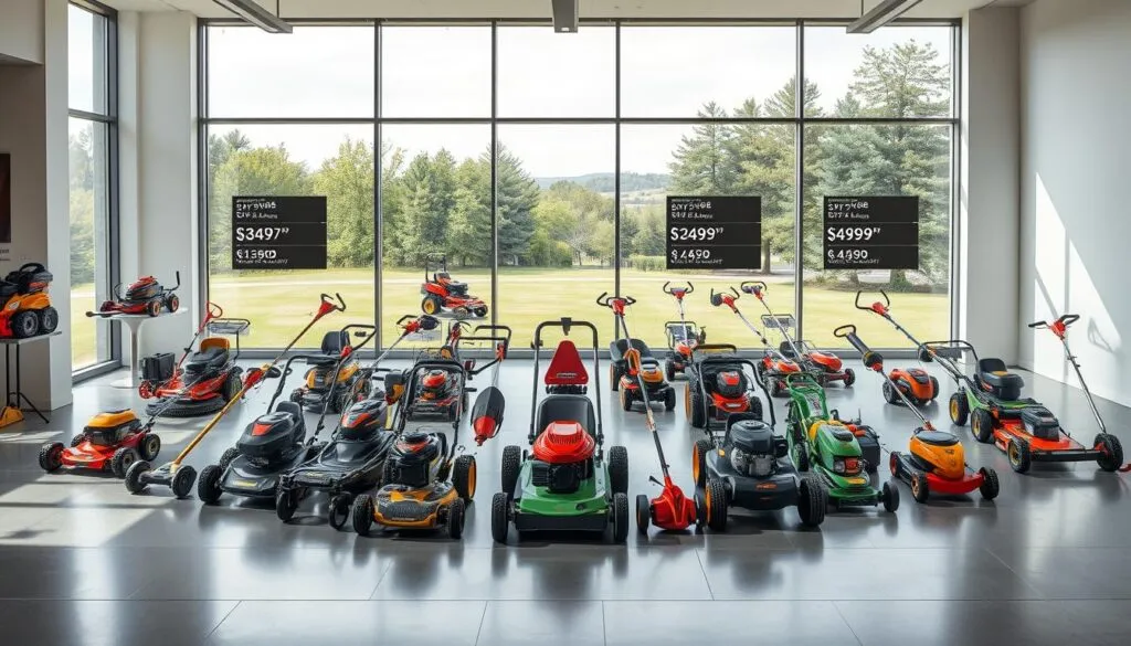 Outdoor power equipment pricing and warranty information: A well-lit, high-resolution image showcasing an array of lawn mowers, trimmers, and other outdoor power tools displayed on a sleek, minimalist showroom floor. The equipment is arranged in a grid-like layout, with each item clearly labeled with its price and warranty details. The background features a serene, natural landscape visible through large windows, creating a sense of tranquility and connection to the outdoors. The lighting is soft and diffused, highlighting the clean lines and professional aesthetics of the power tools. The overall mood is one of informative, high-quality presentation, inviting the viewer to explore the product features and make an informed purchasing decision.