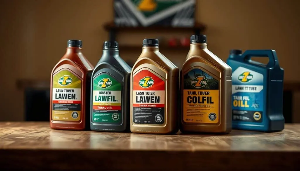 A beautifully lit, realistic still life scene depicting four bottles of different types of lawn mower oil, arranged on a wooden tabletop. The bottles are photographed from a slightly elevated angle, with soft, directional lighting highlighting their labels and textures. The foreground features the bottles in sharp focus, while the background is subtly blurred, creating a sense of depth and emphasis on the products. The color palette is warm and inviting, with muted tones that complement the natural wood surface. An overall sense of quality, attention to detail, and product expertise is conveyed through the composition and lighting.