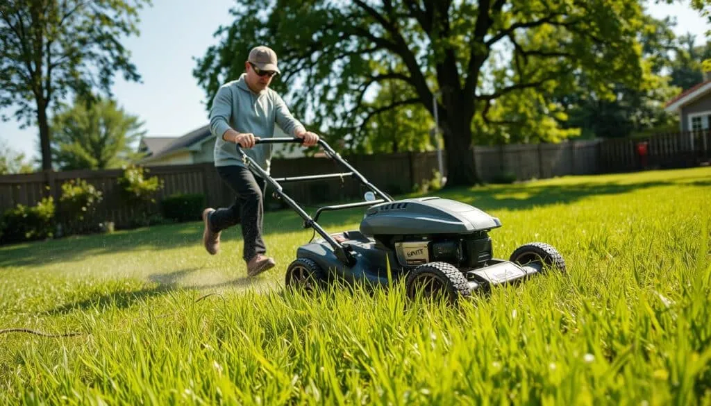 A bright, sunny day in a lush, green backyard. In the foreground, a person carefully navigates a lawn mower through the wet grass, their face shielded by safety goggles and a hat. The mower's blades spin swiftly, kicking up a light mist. In the middle ground, power cords snake across the ground, highlighting the need for caution. The background features a well-maintained fence and towering trees, casting gentle shadows that dapple the scene. The overall mood conveys a sense of safety, responsibility, and attention to detail when mowing a wet lawn.