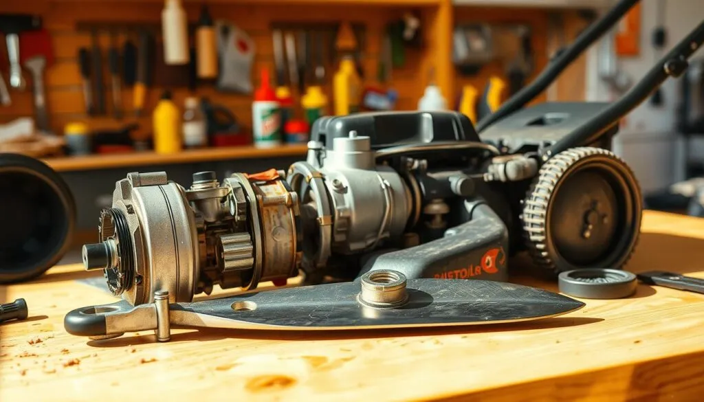 A close-up inspection of a lawn mower's inner components, captured under warm, natural lighting. The scene depicts the disassembled parts laid out on a clean, wooden workbench. In the foreground, the engine block and carburetor are meticulously examined, their intricate mechanisms and surfaces displayed in high detail. The middle ground showcases the mower's cutting blade, sharpened and gleaming. In the background, various tools and lubricants are neatly organized, suggesting a methodical troubleshooting process. The overall atmosphere conveys a sense of careful diagnosis, with a focus on understanding the root cause of any potential issues. A close-up inspection of a lawn mower's inner components, captured under warm, natural lighting. The scene depicts the disassembled parts laid out on a clean, wooden workbench. In the foreground, the engine block and carburetor are meticulously examined, their intricate mechanisms and surfaces displayed in high detail. The middle ground showcases the mower's cutting blade, sharpened and gleaming. In the background, various tools and lubricants are neatly organized, suggesting a methodical troubleshooting process. The overall atmosphere conveys a sense of careful diagnosis, with a focus on understanding the root cause of any potential issues.