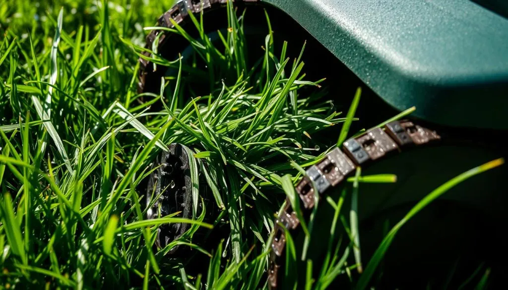 A close-up of wet, dense grass clumps being cut by the sharp, serrated blades of a freshly sharpened lawnmower. The grass is damp and heavy, clinging to the blades as they slice through it, leaving behind a trail of freshly mown strands. The mower is angled slightly to the right, capturing the intricate details of the blades and the wet, matted grass. Bright, natural lighting casts shadows across the scene, highlighting the textures and colors. The overall mood is one of quiet contemplation, with a focus on the functional mechanics of lawn maintenance. A close-up of wet, dense grass clumps being cut by the sharp, serrated blades of a freshly sharpened lawnmower. The grass is damp and heavy, clinging to the blades as they slice through it, leaving behind a trail of freshly mown strands. The mower is angled slightly to the right, capturing the intricate details of the blades and the wet, matted grass. Bright, natural lighting casts shadows across the scene, highlighting the textures and colors. The overall mood is one of quiet contemplation, with a focus on the functional mechanics of lawn maintenance.