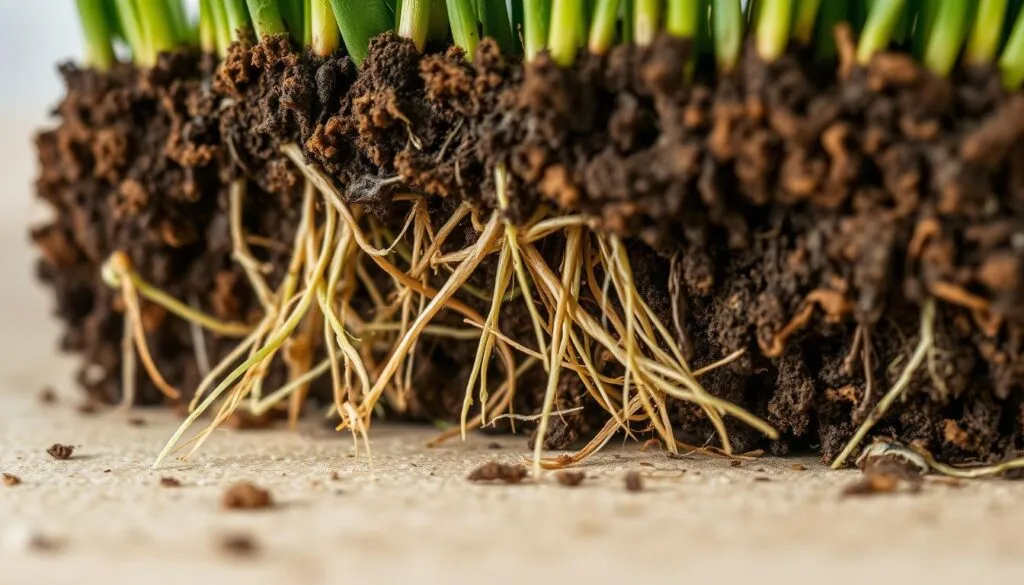 A close-up photograph of a sod root test, showcasing the intricate underground network of grass roots. The image is captured with a macro lens, providing a detailed and magnified view of the soil-embedded roots, their density, and the degree of establishment. The lighting is soft and even, highlighting the delicate structures and textures of the roots. The background is a neutral, uncluttered surface, allowing the subject to be the focal point. The overall composition emphasizes the importance of assessing sod root development to determine the optimal mowing time, as part of the article's 