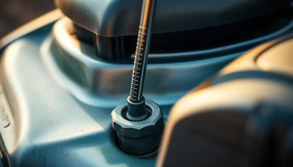 A close-up shot of a metal dipstick being inserted into the oil fill tube of a lawn mower engine, the dipstick's measurement markings clearly visible. The lighting is warm and natural, casting a soft glow on the matte black dipstick and the mower's muted green and silver tones. The background is blurred, keeping the focus squarely on the dipstick and the oil level reading, conveying a sense of precision and attention to detail essential for properly maintaining a lawn mower.