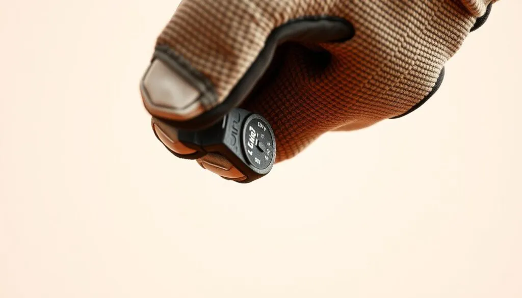 A close-up shot of a person's hand holding a lawn mower dipstick, carefully checking the oil level. The dipstick is placed against a clean, well-lit background, showcasing the graduations and the current oil level. The hand is wearing a work glove, conveying a sense of diligence and care. The overall scene is well-lit, with soft, natural lighting highlighting the details of the dipstick and the hand. The background is slightly blurred, keeping the focus on the central action of checking the oil level.