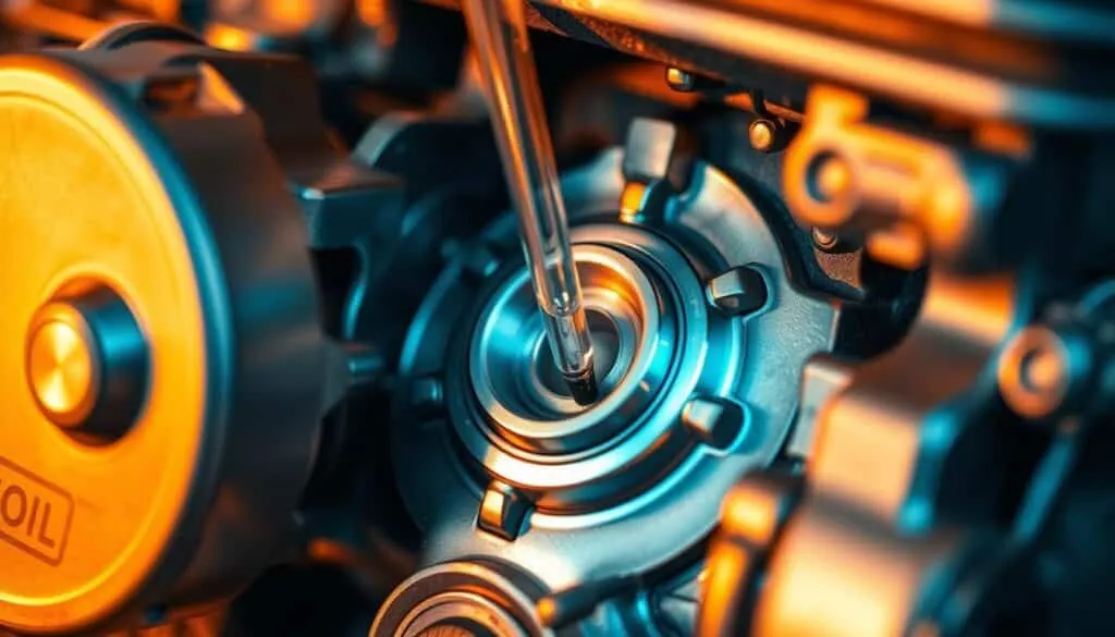 A close-up shot of a small engine, its metal components gleaming under warm, directional lighting. The crankcase cover is partially disassembled, revealing the intricate inner workings - gears, connecting rods, and the oil sump. The focus is on the oil level, with a dipstick positioned prominently, highlighting the delicate balance required to optimize engine performance. The background is blurred, emphasizing the technical details in the foreground. An overall sense of precision, efficiency, and the importance of proper maintenance is conveyed through the careful composition and lighting.