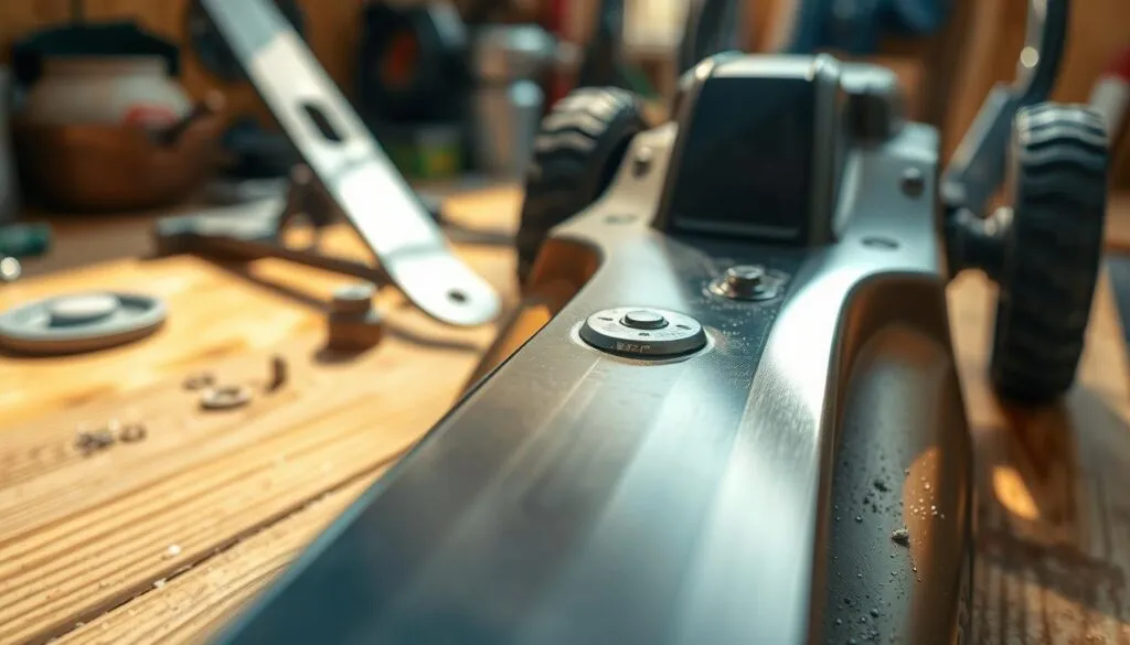 A close-up view of a freshly sharpened lawn mower blade, its gleaming steel edge catching the warm, natural light. The blade is positioned on a clean, wooden workbench, surrounded by tools and spare parts, hinting at the process of routine maintenance. The image conveys a sense of care and attention to detail, reflecting the importance of maintaining the critical components of a push mower to ensure its longevity.