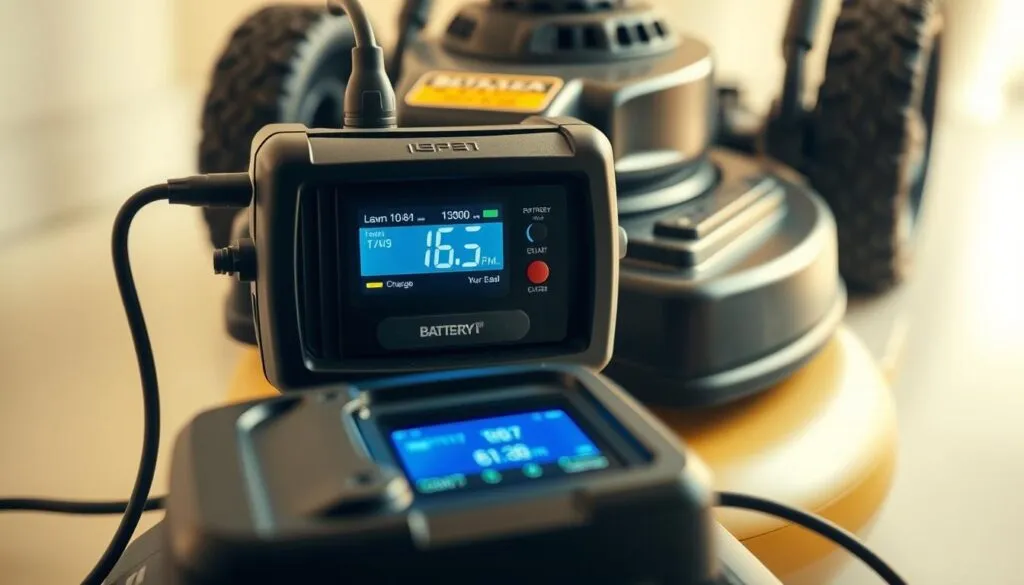 A close-up view of a lawn mower battery charger connected to a battery, set against a clean, well-lit background. The charger displays a digital readout showing the battery's charge level and the estimated time remaining until the battery is fully charged. The lighting is soft and diffused, creating a warm, inviting atmosphere. The composition emphasizes the technical details of the charging process, making it clear and easy to understand for the viewer.