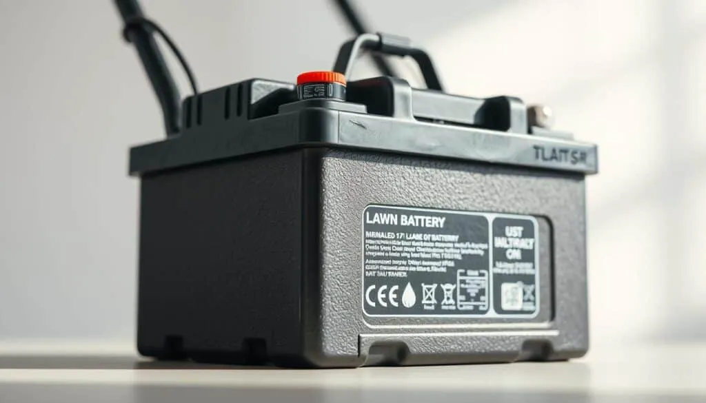 A close-up view of a lawn mower battery, meticulously captured in high-resolution photography. The battery is prominently displayed against a clean, neutral background, allowing its intricate details and voltage indicators to be the focal point. Soft, diffused lighting from the side creates subtle shadows and highlights the battery's textured surface, emphasizing its rugged construction. The image is composed with a shallow depth of field, keeping the battery in sharp focus while gently blurring the background, directing the viewer's attention to the critical information displayed on the battery terminals and casing.