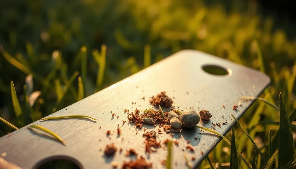 A close-up view of a lawn mower blade, illuminated by a warm, directional light. In the foreground, the blade's sharp edge is prominently displayed, while the middle ground showcases various factors that contribute to its dulling - grass clippings, soil particles, and small rocks. The background subtly depicts a grassy, natural environment, hinting at the blade's purpose and the conditions it operates in. The image conveys a sense of technical examination, highlighting the importance of understanding the nuances that lead to blade degradation over time.