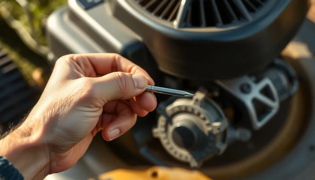 A close-up view of a person's hand holding a lawn mower's oil dipstick, with the engine visible in the background. The dipstick is being carefully inspected, with the person's expression showing concentration and attention to detail. The scene is lit by soft, natural lighting, creating a warm, informative atmosphere. The angle is slightly elevated, providing a clear view of the dipstick and the engine components. The background is blurred, keeping the focus on the crucial task of properly checking the lawn mower's oil level.