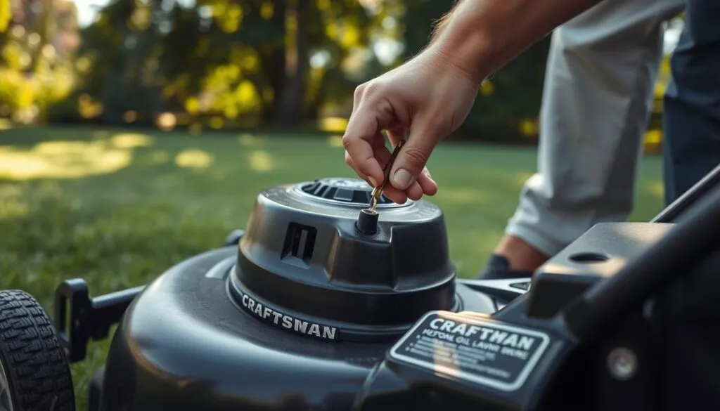 A close-up view of a person's hands checking the oil level on a Craftsman lawn mower. The mower is situated on a neatly trimmed lawn, with lush greenery and sunlight filtering through the leaves in the background. The hands are carefully removing the dipstick and inspecting the oil level, with a focused and attentive expression. The lighting is natural, slightly soft, and the angle is slightly elevated to capture the details of the task at hand. The overall mood is one of diligence and attention to maintenance, reflecting the importance of proper lawn mower care.