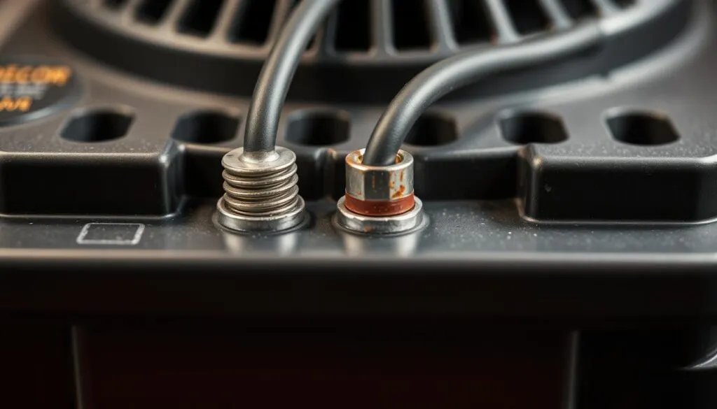 A close-up view of a safe lawn mower battery terminal connection, showcasing a well-maintained and secure setup. The terminals are clean and rust-free, with the positive and negative connections tightly fastened. Soft, even lighting illuminates the scene, highlighting the metallic sheen of the battery terminals and the sturdy, plastic casing. The image is shot at a slight angle, providing a detailed, technical perspective that emphasizes the importance of proper battery maintenance and connection. The overall mood is one of order, safety, and attention to detail, reflecting the care needed when charging a lawn mower battery.