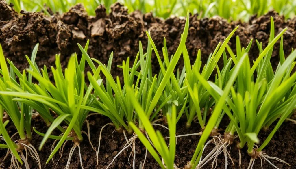 A close-up view of newly laid sod, showcasing the intricate root system establishing itself into the soil. The lush, verdant grass blades cover the foreground, their vibrant green hues contrasted by the rich, earthy tones of the exposed soil. Delicate, white root tendrils snake through the soil, anchoring the sod and creating a strong, cohesive network. Soft, diffused lighting illuminates the scene, casting gentle shadows that accentuate the textural details. The overall composition emphasizes the critical early stages of sod establishment, a crucial process for achieving a healthy, thriving lawn.