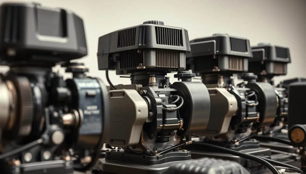 A close-up view of several lawn mower engines, showcasing their intricate internal components and engineering. The engines are displayed in a well-lit, studio-like setting with a clean, neutral background, allowing the details and textures to stand out. The image captures the mechanical complexity and precision of these essential power sources, highlighting their role in the operation of lawn mowers. The lighting is soft and diffused, creating a sense of depth and emphasizing the engineering features, such as the cylinder blocks, spark plugs, and air filters. The camera angle is slightly elevated, providing a comprehensive view of the engine components and conveying a sense of technical expertise and understanding.