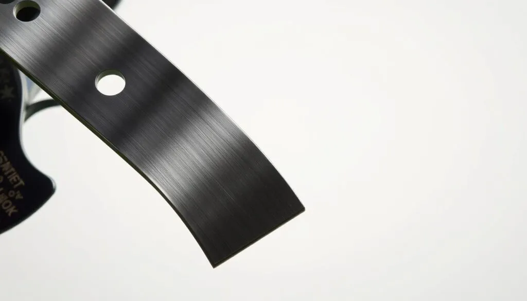 A close-up view of sharp, gleaming metal mower blades against a plain background. The blades are razor-sharp, with a polished, mirror-like finish that reflects the light. The image is shot from a low angle, highlighting the keen edge and serrated teeth of the blades. The lighting is soft and even, creating subtle shadows that accentuate the blade's contours. The overall mood is clean, crisp, and focused, conveying the importance of well-maintained mower blades for a healthy, even lawn.