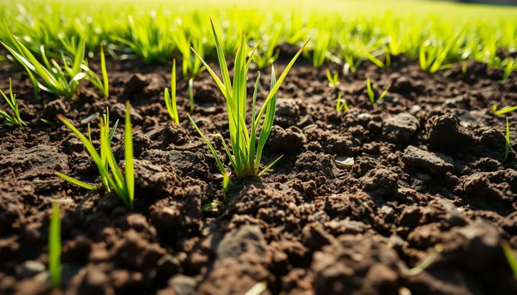 A close-up view of soil compaction in a lush green lawn, bathed in soft, natural lighting. The foreground reveals densely packed, clay-rich earth with visible surface depression and cracking. The middle ground showcases individual grass blades struggling to push through the compacted soil, their growth stunted and yellowing. In the background, the overall lawn appears uneven and patchy, indicating widespread soil compaction issues. Captured with a macro lens at a shallow depth of field to emphasize the textural details of the compact, moisture-deprived soil. A close-up view of soil compaction in a lush green lawn, bathed in soft, natural lighting. The foreground reveals densely packed, clay-rich earth with visible surface depression and cracking. The middle ground showcases individual grass blades struggling to push through the compacted soil, their growth stunted and yellowing. In the background, the overall lawn appears uneven and patchy, indicating widespread soil compaction issues. Captured with a macro lens at a shallow depth of field to emphasize the textural details of the compact, moisture-deprived soil.