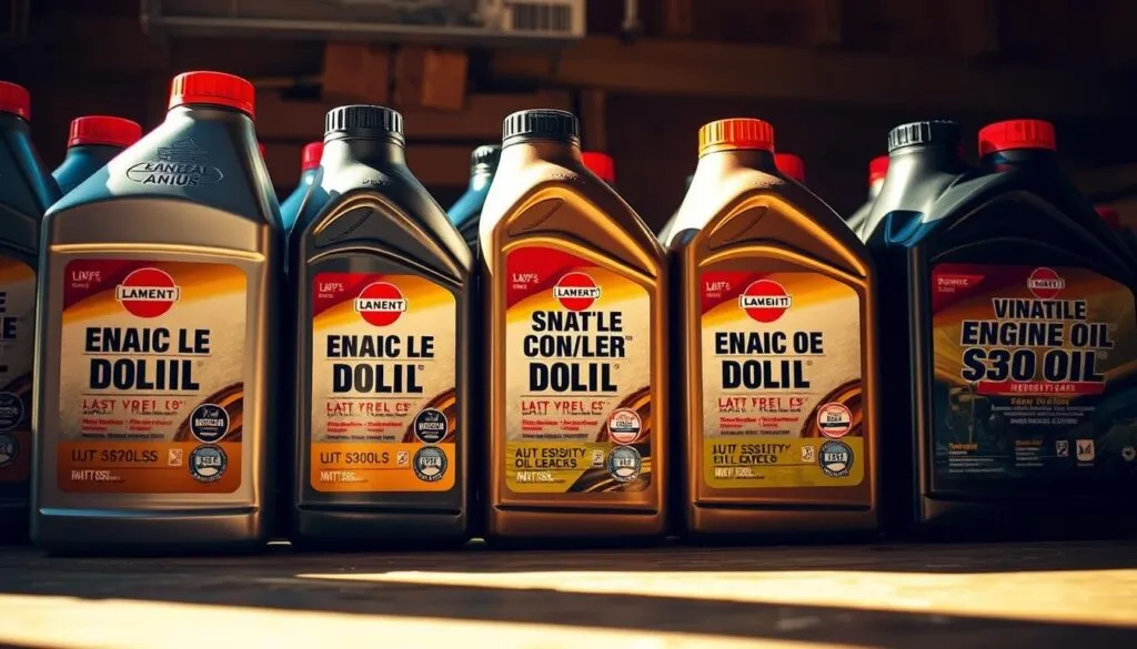 A close-up view of various engine oil bottles arranged on a wooden surface, with different viscosity grades clearly displayed on the labels. The bottles are illuminated by warm, natural lighting, casting soft shadows and giving the scene a crisp, professional atmosphere. The image should convey a sense of expertise and attention to detail, catering to the informative nature of the article's section on choosing the right oil for a push mower.