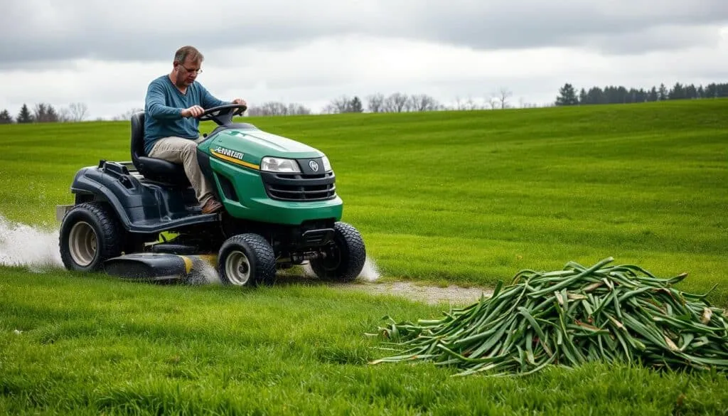 A damp, verdant lawn stretches out under an overcast sky, droplets glistening on the blades of grass. In the foreground, a riding mower navigates the wet terrain, its tires kicking up spray as the engine rumbles. The operator leans forward, gripping the steering wheel with caution. Nearby, a pile of cut grass clippings lies sodden and heavy, a testament to the risks of mowing in wet conditions. The scene conveys a sense of unease, highlighting the potential hazards of operating machinery on a saturated lawn - from reduced traction and visibility to the possibility of electrical issues or equipment damage. A damp, verdant lawn stretches out under an overcast sky, droplets glistening on the blades of grass. In the foreground, a riding mower navigates the wet terrain, its tires kicking up spray as the engine rumbles. The operator leans forward, gripping the steering wheel with caution. Nearby, a pile of cut grass clippings lies sodden and heavy, a testament to the risks of mowing in wet conditions. The scene conveys a sense of unease, highlighting the potential hazards of operating machinery on a saturated lawn - from reduced traction and visibility to the possibility of electrical issues or equipment damage.