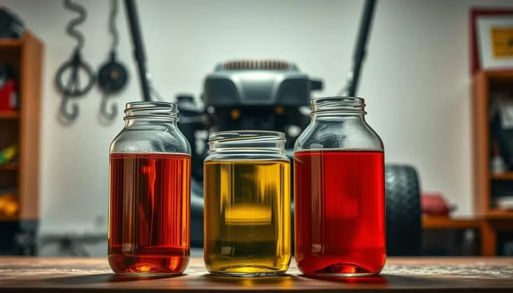 A detailed comparison of different motor oil viscosities, showcased on a well-lit workbench. In the foreground, three glass jars filled with varying grades of motor oil, their viscous fluids glistening under warm, directional lighting. In the middle ground, an open lawn mower engine, its components meticulously arranged, inviting the viewer to explore the importance of selecting the right oil viscosity. The background is a clean, minimalist workspace, emphasizing the technical nature of the subject matter. The overall mood is one of precision, clarity, and a dedication to providing the viewer with a comprehensive understanding of the optimal motor oil for lawn mower maintenance.