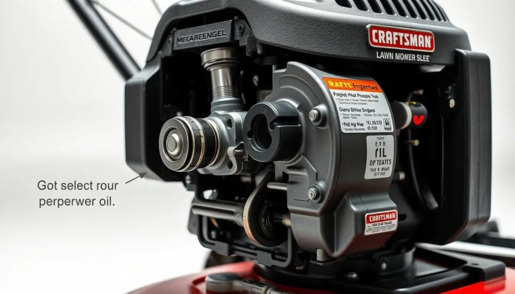 A detailed, high-resolution photograph of a Craftsman lawn mower engine, showcasing its internal components and technical specifications. The engine is displayed in a well-lit, neutral-toned setting, allowing the intricate details to be clearly visible. The image should capture the engine's construction, including the cylinder block, crankshaft, pistons, and valvetrain, as well as any relevant labeling or callouts to highlight key features and measurements. The overall composition should convey a sense of precision and engineering excellence, reflecting the importance of selecting the proper oil for optimal lawn mower performance and longevity.