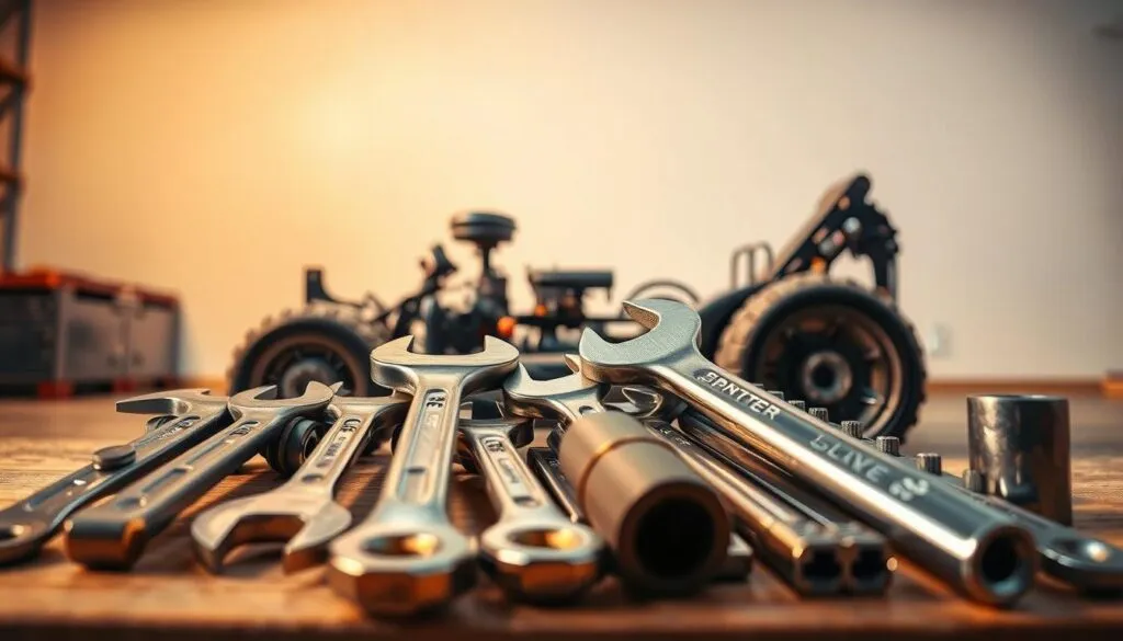 A detailed image of lawn mower blade removal tools, showcased against a clean, well-lit backdrop. In the foreground, a set of sturdy wrenches, socket drivers, and specialized blade removal tools are neatly arranged, their metallic surfaces gleaming under warm, directional lighting. The middle ground features a disassembled lawn mower, its chassis and components visible, providing context and scale. In the background, a clean, uncluttered workspace with neutral tones sets the stage, allowing the tools and mower to be the focal point. The overall mood is one of functionality, precision, and attention to detail, reflecting the step-by-step nature of the 