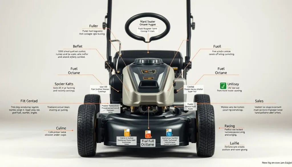 A detailed technical diagram showcasing the various fuel types and octane ratings suitable for lawn mower engines. Set against a clean, neutral background, the image features a centrally positioned lawn mower with its fuel tank exposed, highlighting the different fuel grade options arranged neatly around it. The diagram utilizes a combination of clear labeling, color-coded fuel icons, and concise descriptions to provide a comprehensive and visually striking guide. Crisp lighting accentuates the mechanical details, while a subtle depth-of-field effect draws the viewer's attention to the key information. The overall mood is one of practicality and utility, designed to educate and inform the reader on the optimal fuel selection for their lawn mower. A detailed technical diagram showcasing the various fuel types and octane ratings suitable for lawn mower engines. Set against a clean, neutral background, the image features a centrally positioned lawn mower with its fuel tank exposed, highlighting the different fuel grade options arranged neatly around it. The diagram utilizes a combination of clear labeling, color-coded fuel icons, and concise descriptions to provide a comprehensive and visually striking guide. Crisp lighting accentuates the mechanical details, while a subtle depth-of-field effect draws the viewer's attention to the key information. The overall mood is one of practicality and utility, designed to educate and inform the reader on the optimal fuel selection for their lawn mower.
