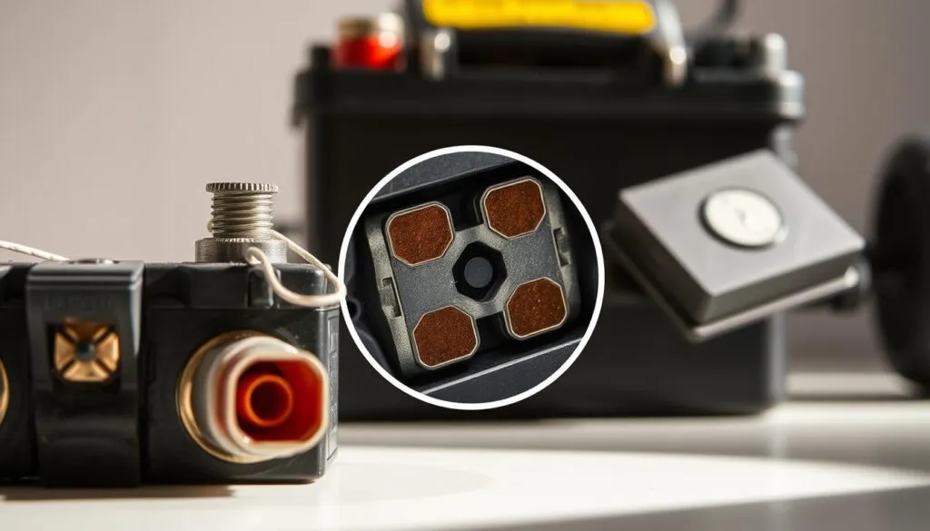 A detailed, well-lit close-up shot of a riding mower battery with various factors affecting its lifespan highlighted. In the foreground, the battery terminals, connections, and corrosion are clearly visible. In the middle ground, a magnified view showcases the battery's internal components, such as the lead-acid cells and separator. The background features a neutral, uncluttered environment to keep the focus on the technical details. The lighting is bright and directional, casting shadows that emphasize the battery's textures and contours. The overall mood is one of informative clarity, emphasizing the technical aspects that influence a riding mower battery's longevity.