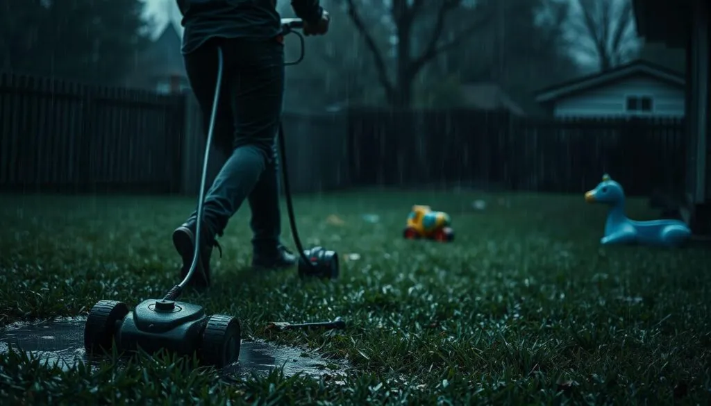 A dimly lit backyard on an overcast day, the wet grass glistening with rain. In the foreground, a person mowing a lawn, their body tense as they navigate the slick terrain, power cord dangling precariously close to a puddle. In the middle ground, a child's toy lies forgotten, a potential tripping hazard. The background is hazy, with the outline of a fence and a shed, suggesting the risk of colliding with obstacles. The overall mood is one of unease, highlighting the dangers of operating machinery in wet, treacherous conditions.