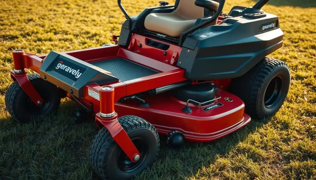 A high-angle, detailed close-up view of a Gravely zero-turn mower showcasing its key design features. The mower is positioned on a grassy field under warm, directional lighting, casting subtle shadows that accentuate the contours. In the foreground, the sleek, low-profile deck, sturdy frame, and high-performance engine are prominently displayed. The middle ground highlights the rugged, knobby tires and precision steering controls. In the background, the mower's advanced mulching and bagging systems are visible. The overall mood is one of professional, industrial-grade quality and cutting-edge engineering.