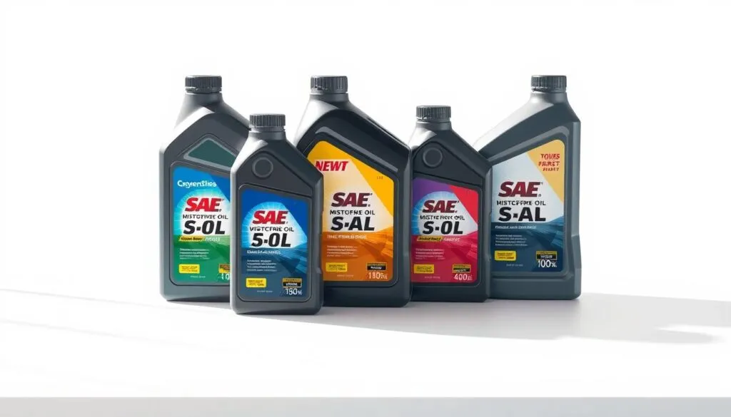 A high-quality, meticulously detailed illustration of various SAE oil viscosity grades suitable for lawn mowers. The image should show a clean, well-lit tabletop display showcasing several bottles or cans of motor oil, each clearly labeled with its respective SAE viscosity number. The bottles should be arranged in a visually appealing, organized manner, perhaps in a grid or row formation. The lighting should be soft and natural, highlighting the textures and colors of the oil containers. The background should be neutral, such as a plain white or light gray surface, allowing the oil products to be the primary focus of the image. The overall mood should be professional, informative, and helpful for understanding the appropriate oil viscosity choices for lawn mower maintenance.