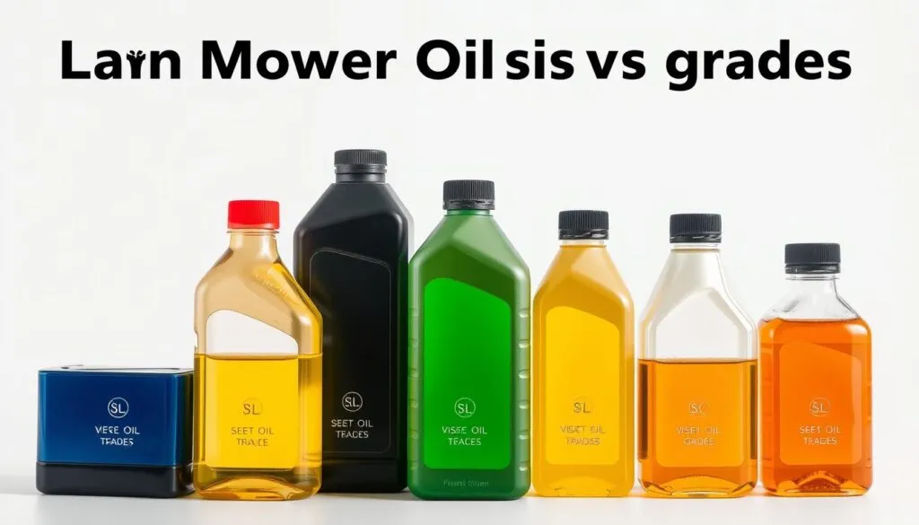 A high-quality, photorealistic illustration of lawn mower oil viscosity grades, showcasing the differences in color and thickness between various SAE grades. The image is set against a clean, white background, with the oils displayed in transparent bottles or containers, allowing the viewer to clearly see the distinct viscosities. The lighting is soft and diffused, creating a sense of depth and highlighting the textural details of the oils. The composition is balanced and visually appealing, with the oils arranged in an organized, informative manner to support the subject matter of the article.