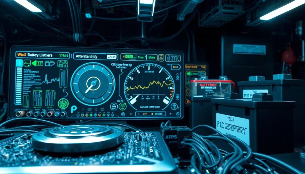 A high-tech electronic dashboard displays critical battery metrics, with a focus on factors influencing lifespan. Sleek, metallic components in the foreground, surrounded by a complex web of circuit boards, wires, and diagnostic readouts. The lighting is cool and clinical, emphasizing the technical nature of the subject. In the background, various battery types, from lithium-ion to lead-acid, are positioned to highlight their unique characteristics and how they contribute to overall battery performance and longevity. The overall composition conveys a sense of precision, innovation, and the importance of understanding battery behavior to optimize usage and maintenance.