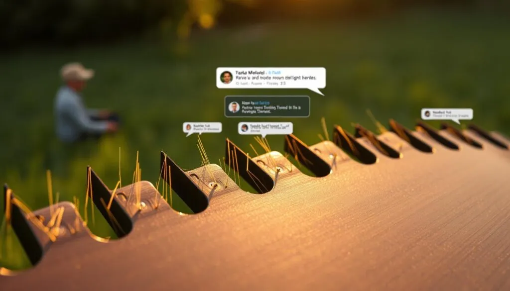 A lively online forum discussion on the intricacies of lawn mower blade threads, with a close-up focus on the blade's reverse threading mechanism. The foreground features the blade's intricate grooves and serrations, illuminated by a warm, natural lighting. In the middle ground, virtual users engaged in a technical debate, their avatars and text bubbles visible, while the background showcases a blurred, verdant lawn setting, evoking the practical application of this knowledge. The overall atmosphere is one of informed discourse, with a sense of technical precision and practical utility.