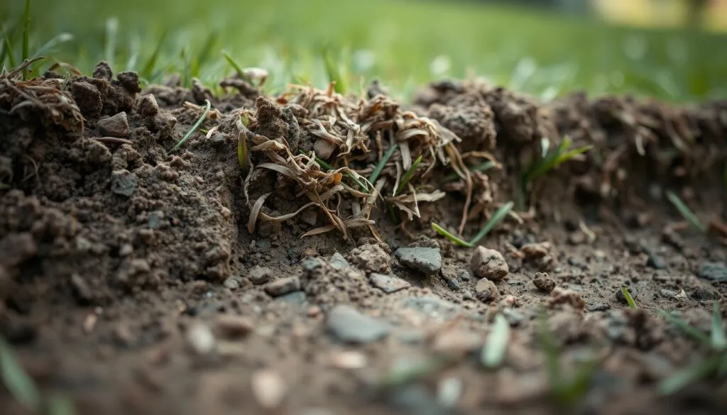 A lush, close-up view of compacted soil and dense thatch buildup on a lawn. The foreground shows the soil's surface, with visible signs of compression and hardening, creating a mottled, uneven texture. In the middle ground, a thick layer of decaying grass and organic matter has accumulated, forming a spongy, mat-like thatch layer. The background fades into a soft, out-of-focus green, hinting at the surrounding healthy grass. The lighting is soft and diffused, creating a naturalistic, documentary-style aesthetic. The perspective is low, as if the viewer is kneeling and examining the soil up close, capturing the intricate details of this unseen, yet critical component of lawn health. A lush, close-up view of compacted soil and dense thatch buildup on a lawn. The foreground shows the soil's surface, with visible signs of compression and hardening, creating a mottled, uneven texture. In the middle ground, a thick layer of decaying grass and organic matter has accumulated, forming a spongy, mat-like thatch layer. The background fades into a soft, out-of-focus green, hinting at the surrounding healthy grass. The lighting is soft and diffused, creating a naturalistic, documentary-style aesthetic. The perspective is low, as if the viewer is kneeling and examining the soil up close, capturing the intricate details of this unseen, yet critical component of lawn health.