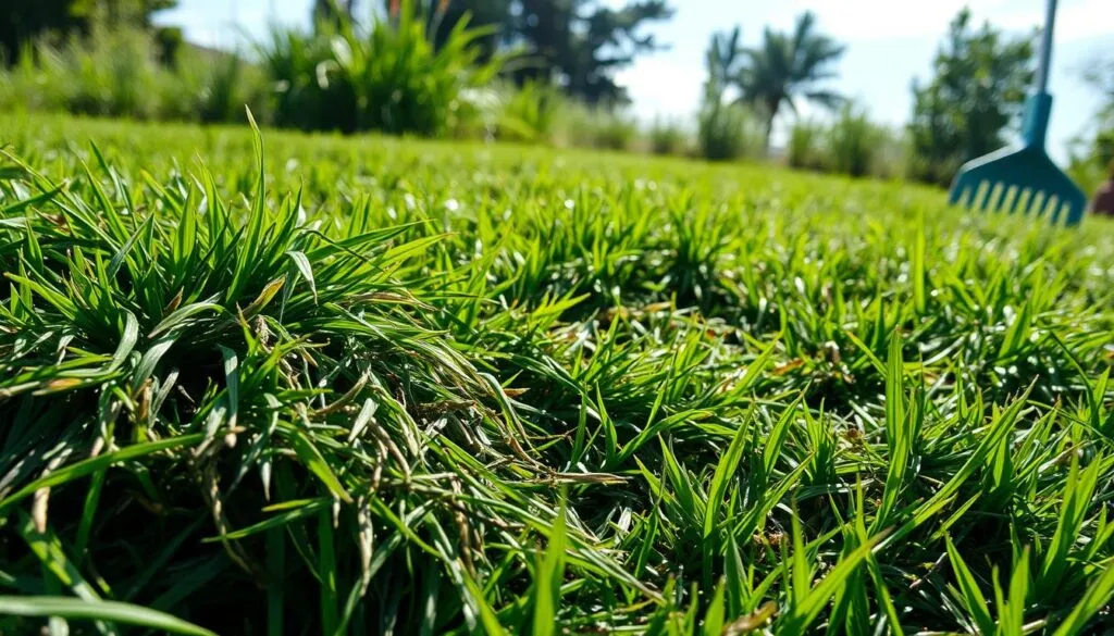 A lush green lawn covered in patches of thick, matted grass clippings, the wet blades adhering together in an unsightly mess. Sunlight filters through wispy clouds, casting soft shadows across the scene. In the foreground, a close-up view shows the tangled, fibrous thatch accumulating at the base of the grass, impeding airflow and nutrient absorption. The middle ground reveals the uneven, patchy appearance of the lawn, a result of the compacted, wet grass. In the background, gardening tools like a rake and lawn mower stand ready, hinting at the necessary steps to revitalize the struggling turf. The overall mood is one of concern and a need for lawn maintenance, conveying the importance of managing wet grass conditions to maintain a healthy, thriving yard. A lush green lawn covered in patches of thick, matted grass clippings, the wet blades adhering together in an unsightly mess. Sunlight filters through wispy clouds, casting soft shadows across the scene. In the foreground, a close-up view shows the tangled, fibrous thatch accumulating at the base of the grass, impeding airflow and nutrient absorption. The middle ground reveals the uneven, patchy appearance of the lawn, a result of the compacted, wet grass. In the background, gardening tools like a rake and lawn mower stand ready, hinting at the necessary steps to revitalize the struggling turf. The overall mood is one of concern and a need for lawn maintenance, conveying the importance of managing wet grass conditions to maintain a healthy, thriving yard.