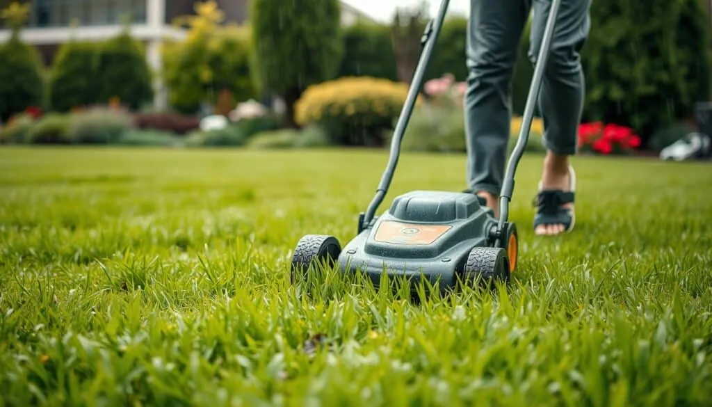 A lush green lawn, dampened by a light rainfall, with a person in the foreground carefully guiding a push mower through the wet grass. The mower's blades glisten in the soft, diffused lighting of an overcast day. In the middle ground, there are visual cues like safety gear, such as slip-resistant shoes and protective eyewear, to emphasize the importance of proper safety precautions. The background features a well-maintained garden or landscaping, suggesting a well-cared-for outdoor space. The overall mood is one of diligence and attention to detail, with the person's focused expression conveying the need to mow wet grass safely.