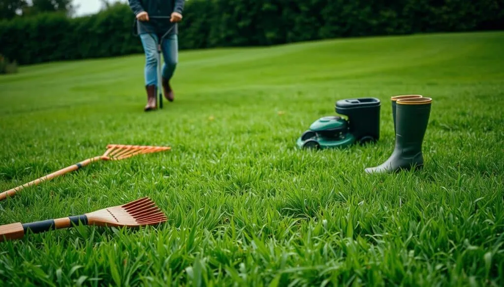 A lush green lawn on a wet, overcast day. In the foreground, a person carefully maneuvers a push mower, taking measured steps to avoid damaging the saturated grass. The middle ground features a variety of lawn care tools, including a garden rake and a pair of rain boots, showcasing strategies to minimize impact. In the background, a shadowy treeline provides a natural backdrop, emphasizing the need to work with nature on wet days. The image is captured with a wide-angle lens, creating a sense of depth and highlighting the overall scene. The mood is one of thoughtful, responsible lawn care, with a focus on preserving the health of the grass during challenging weather conditions. A lush green lawn on a wet, overcast day. In the foreground, a person carefully maneuvers a push mower, taking measured steps to avoid damaging the saturated grass. The middle ground features a variety of lawn care tools, including a garden rake and a pair of rain boots, showcasing strategies to minimize impact. In the background, a shadowy treeline provides a natural backdrop, emphasizing the need to work with nature on wet days. The image is captured with a wide-angle lens, creating a sense of depth and highlighting the overall scene. The mood is one of thoughtful, responsible lawn care, with a focus on preserving the health of the grass during challenging weather conditions.