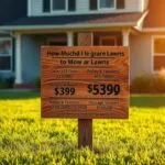 A lush, green lawn stretches out before a well-maintained home, its blades neatly trimmed. In the foreground, a wooden sign stands, its surface weathered by time and the elements. Upon it, a clear and concise pricing breakdown is displayed, detailing the cost per square foot, hourly rates, and package deals for lawn care services. The sign is illuminated by warm, golden sunlight, casting subtle shadows and lending an inviting, professional atmosphere. The image conveys a sense of expertise, reliability, and attention to detail, perfectly capturing the essence of 