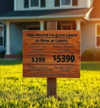 A lush, green lawn stretches out before a well-maintained home, its blades neatly trimmed. In the foreground, a wooden sign stands, its surface weathered by time and the elements. Upon it, a clear and concise pricing breakdown is displayed, detailing the cost per square foot, hourly rates, and package deals for lawn care services. The sign is illuminated by warm, golden sunlight, casting subtle shadows and lending an inviting, professional atmosphere. The image conveys a sense of expertise, reliability, and attention to detail, perfectly capturing the essence of 