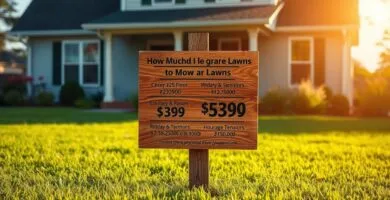 A lush, green lawn stretches out before a well-maintained home, its blades neatly trimmed. In the foreground, a wooden sign stands, its surface weathered by time and the elements. Upon it, a clear and concise pricing breakdown is displayed, detailing the cost per square foot, hourly rates, and package deals for lawn care services. The sign is illuminated by warm, golden sunlight, casting subtle shadows and lending an inviting, professional atmosphere. The image conveys a sense of expertise, reliability, and attention to detail, perfectly capturing the essence of
