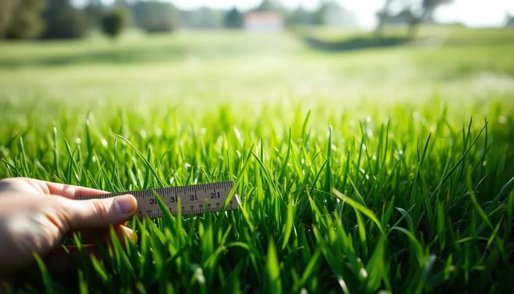 A lush green lawn, the blades of grass swaying gently in the breeze. In the foreground, a hand-held ruler held against the ground, measuring the precise height of the grass. The lighting is natural, with soft, diffused sunlight filtering through wispy clouds, creating a serene and inviting atmosphere. The depth of field is shallow, keeping the focus on the grass measurement, while the background blurs into a hazy, verdant landscape. Conveying the essence of a tranquil summer day, this image will perfectly illustrate the section on key indicators for the start of mowing season.