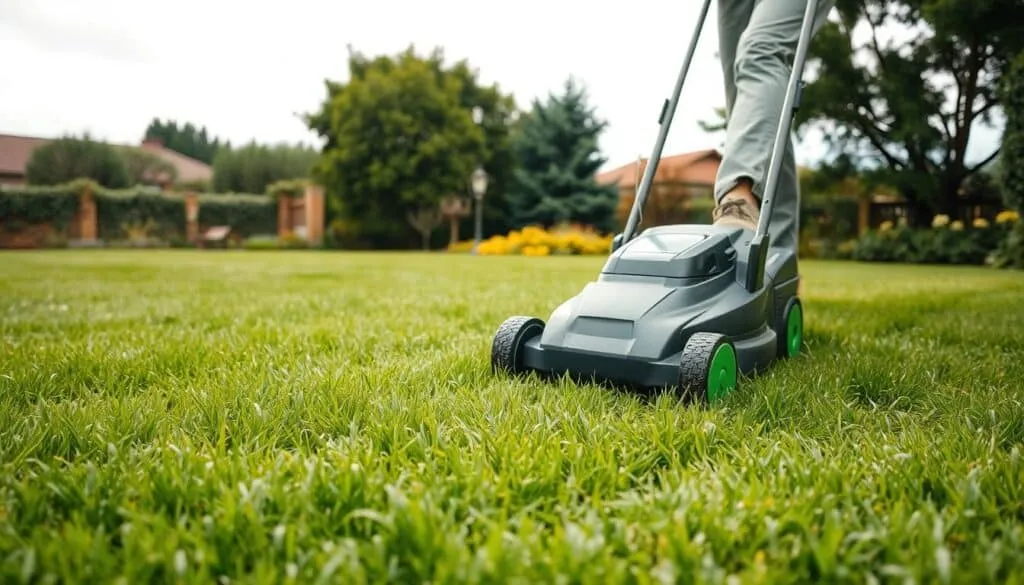 A lush green lawn under a soft overcast sky, the grass glistening with moisture. In the foreground, a person operating a modern electric lawn mower, carefully navigating the damp terrain, their movements deliberate and controlled. The mower's blades glide effortlessly through the wet grass, leaving behind a neatly trimmed, even surface. In the middle ground, a mix of short and long grass blades, highlighting the challenges of mowing in wet conditions. The background features mature trees and shrubs, adding depth and a sense of tranquility to the scene. Lighting is natural and diffused, casting gentle shadows and highlighting the subtle textures of the grass and equipment. The overall atmosphere conveys a sense of care and attention to maintaining the yard's health, even in less-than-ideal mowing conditions. A lush green lawn under a soft overcast sky, the grass glistening with moisture. In the foreground, a person operating a modern electric lawn mower, carefully navigating the damp terrain, their movements deliberate and controlled. The mower's blades glide effortlessly through the wet grass, leaving behind a neatly trimmed, even surface. In the middle ground, a mix of short and long grass blades, highlighting the challenges of mowing in wet conditions. The background features mature trees and shrubs, adding depth and a sense of tranquility to the scene. Lighting is natural and diffused, casting gentle shadows and highlighting the subtle textures of the grass and equipment. The overall atmosphere conveys a sense of care and attention to maintaining the yard's health, even in less-than-ideal mowing conditions.