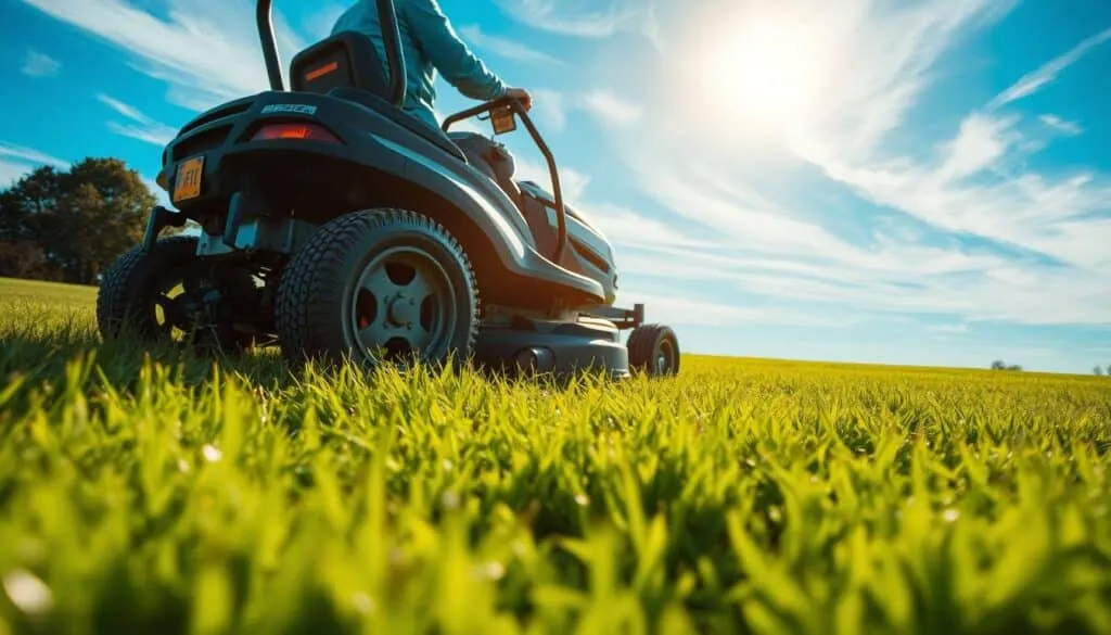 A lush green lawn under the warm glow of the morning sun, with a riding mower effortlessly gliding across the grass, leaving behind neatly trimmed blades. In the distance, a clear blue sky with wispy clouds, creating a serene and tranquil atmosphere. The mower's sleek design and efficient engine operation evoke a sense of precision and optimization, perfectly capturing the idea of the 