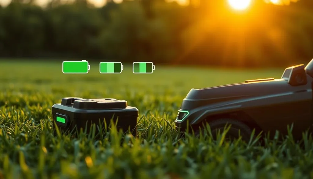 A lush green lawn with a sleek, modern lawn mower in the foreground. The lawn mower's battery sits prominently, its charge level indicator glowing softly. In the middle ground, a series of battery life icons illustrate the progressive depletion of the battery's power over time. The background features a warm, golden sunset, casting a soft, natural light over the entire scene. The overall atmosphere conveys a sense of efficiency, sustainability, and the reliable performance of the lawn mower's battery.