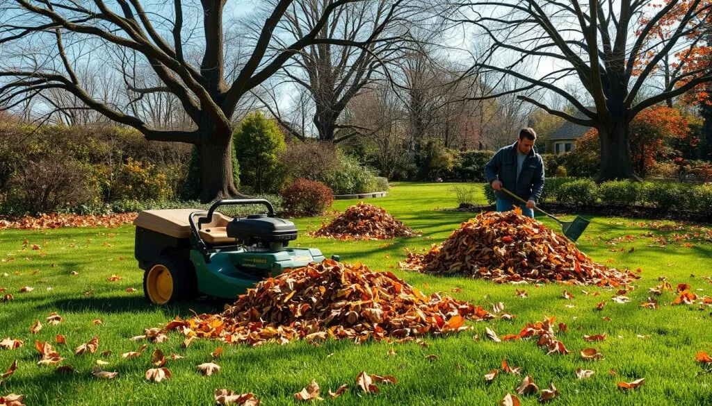 A lush, verdant backyard setting on a sunny autumn day. In the foreground, a person in casual clothing operates a lawn mower, cutting and shredding fallen leaves into a fine mulch. In the middle ground, a second person rakes and gathers the mulched leaves, creating neat piles. The background features a mix of mature trees, their branches bare, and a well-manicured lawn dotted with the remaining leaves. The lighting is soft and natural, casting gentle shadows. The overall mood is one of productive, eco-friendly leaf management, with a sense of order and tranquility.