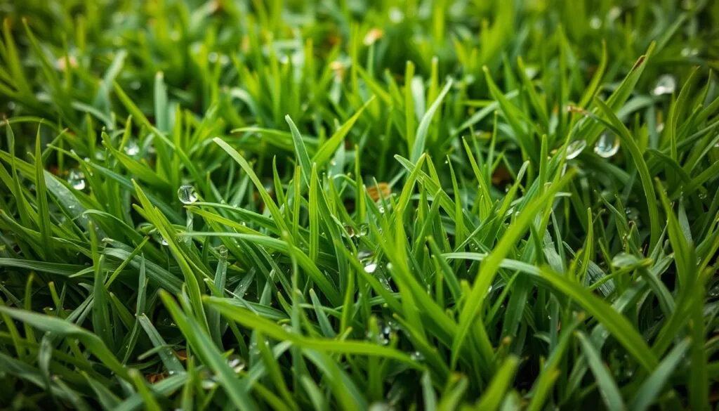 A lush, verdant lawn glistens with damp, freshly fallen raindrops. Amidst the vibrant green blades, tell-tale signs of potential lawn disease emerge - discolored patches, matted growth, and subtle textures suggesting an underlying fungal or microbial issue. The camera captures this scene in crisp detail, with a shallow depth of field that draws the eye to the areas of concern. Soft, diffused natural lighting bathes the scene, lending a contemplative, almost pensive atmosphere as the viewer is invited to closely inspect and diagnose the lawn's affliction. This image serves as a visual guide to help identify the early stages of lawn disease, empowering homeowners to take proactive steps towards maintaining a healthy, thriving outdoor space.