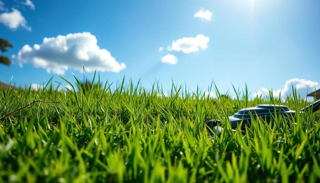 A lush, verdant lawn in the early morning sunlight, with a freshly mowed pattern visible. In the foreground, a well-maintained lawn mower sits idle, its blades gleaming. In the middle ground, blades of grass sway gently in a light breeze, their tips still glistening with morning dew. The background features a clear, blue sky with fluffy white clouds, conveying a sense of tranquility and the ideal conditions for mowing. The scene is captured with a wide-angle lens, giving a sense of depth and scale to the landscape. The overall mood is one of calm and peaceful productivity, setting the stage for the perfect time to mow the lawn.