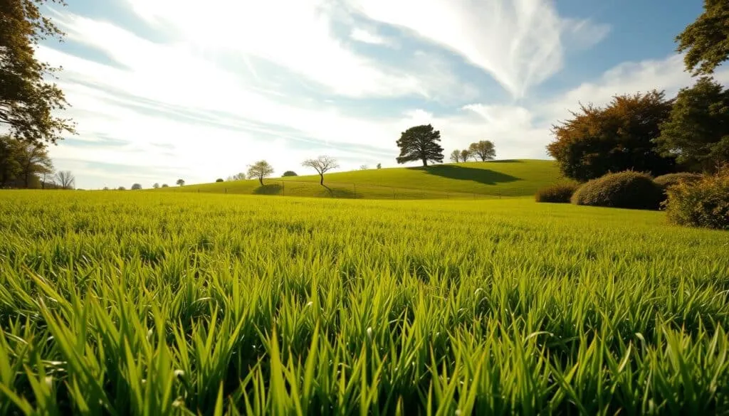 A lush, verdant lawn stretches across the foreground, with diverse grass types such as tall fescue, bluegrass, and ryegrass swaying gently in a light breeze. In the middle ground, wispy clouds drift across a bright, sun-dappled sky, casting dynamic shadows over the landscape. The background features a rolling hillside, with trees and shrubbery providing a natural, tranquil setting. The lighting is warm and golden, creating a serene, inviting atmosphere that captures the essence of a well-maintained, healthy yard. The camera angle is slightly elevated, providing a panoramic view that emphasizes the interconnected relationship between the grass, weather, and overall landscape. A lush, verdant lawn stretches across the foreground, with diverse grass types such as tall fescue, bluegrass, and ryegrass swaying gently in a light breeze. In the middle ground, wispy clouds drift across a bright, sun-dappled sky, casting dynamic shadows over the landscape. The background features a rolling hillside, with trees and shrubbery providing a natural, tranquil setting. The lighting is warm and golden, creating a serene, inviting atmosphere that captures the essence of a well-maintained, healthy yard. The camera angle is slightly elevated, providing a panoramic view that emphasizes the interconnected relationship between the grass, weather, and overall landscape.