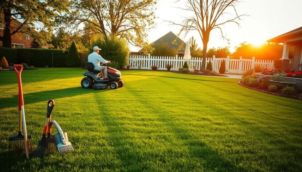 A lush, verdant lawn stretches out, bathed in the warm glow of a golden sunset. In the foreground, a person with a riding lawn mower meticulously guides it across the grass, leaving behind a neatly trimmed pattern. Beside them, a collection of gardening tools - rakes, shears, and a watering can - stand ready for seasonal lawn care tasks. In the middle ground, a well-manicured garden frames the scene, its vibrant flowers and plants complementing the rich, healthy turf. In the distance, a picket fence and a cozy suburban home set the tranquil, inviting atmosphere. The image conveys the importance of strategic, seasonal lawn mowing for maintaining a lush, thriving outdoor space. A lush, verdant lawn stretches out, bathed in the warm glow of a golden sunset. In the foreground, a person with a riding lawn mower meticulously guides it across the grass, leaving behind a neatly trimmed pattern. Beside them, a collection of gardening tools - rakes, shears, and a watering can - stand ready for seasonal lawn care tasks. In the middle ground, a well-manicured garden frames the scene, its vibrant flowers and plants complementing the rich, healthy turf. In the distance, a picket fence and a cozy suburban home set the tranquil, inviting atmosphere. The image conveys the importance of strategic, seasonal lawn mowing for maintaining a lush, thriving outdoor space.